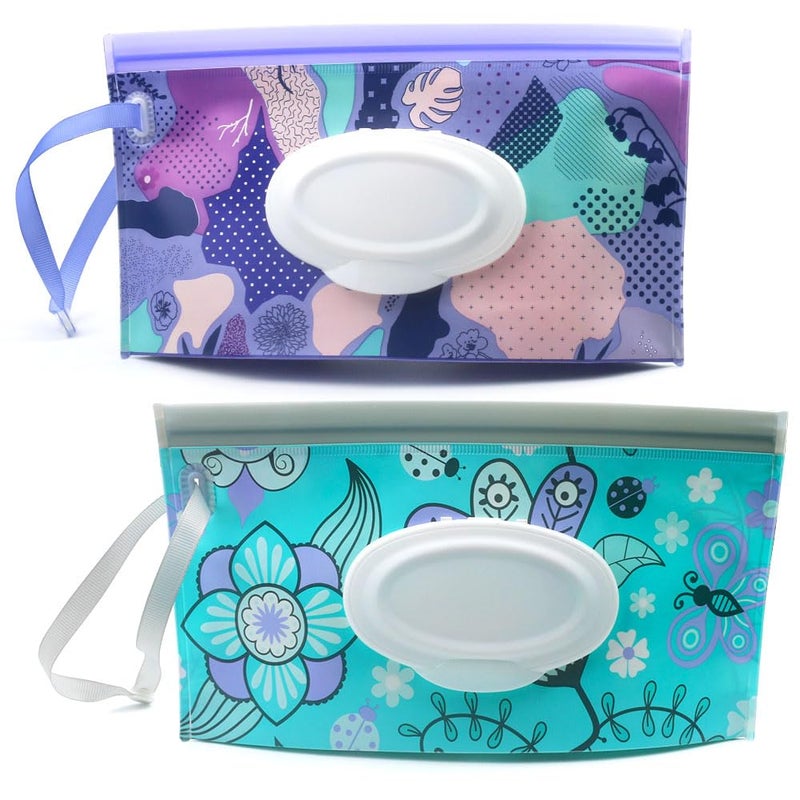 FKEYTO Baby Wipe Dispenser,Portable Refillable Wipe Holder Wipe Dispenser Bag Reusable Travel Wet Wipe Pouch (blue purple) - Image 1